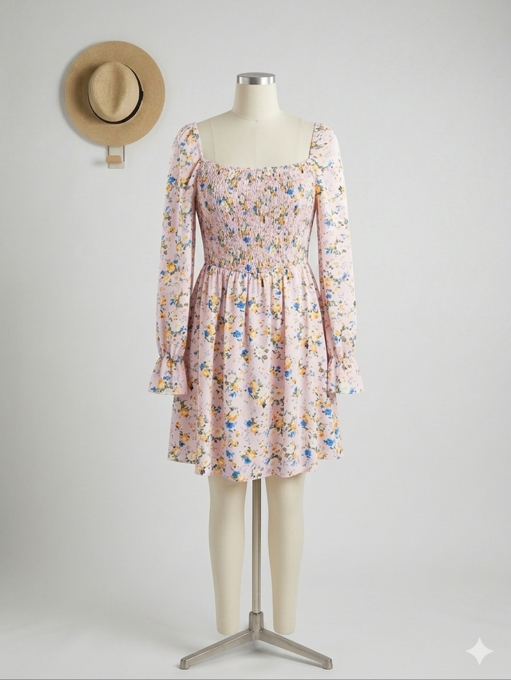 SHEIN Floral Smocked Puff Sleeve Mini Dress XL Light Pink Boho Square Neck